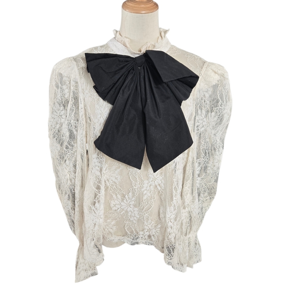 SHEIN Curve Cream Lace Blouse with Black Bow